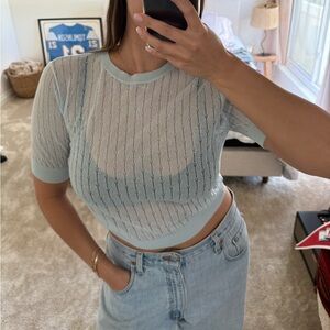 Zara Light Blue Pointelle Knit Top